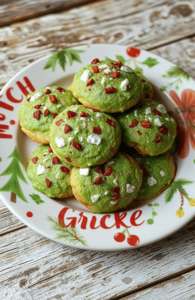 Colorful festive Grinch cookies arranged on a holiday-themed plate, featuring bright green icing, red and white sprinkles, and a cheerful holiday setting with Christmas decorations in the background.