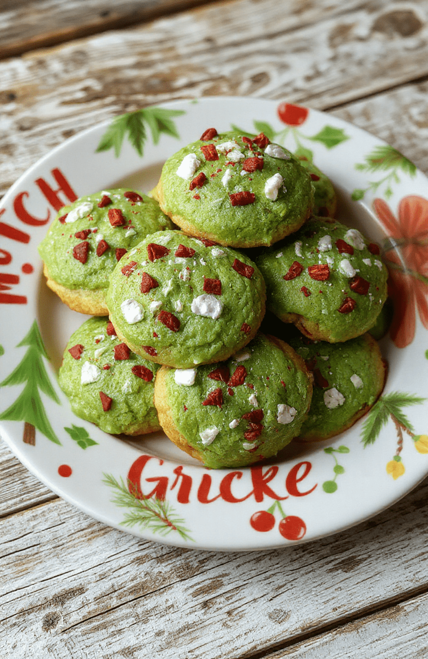 Colorful festive Grinch cookies arranged on a holiday-themed plate, featuring bright green icing, red and white sprinkles, and a cheerful holiday setting with Christmas decorations in the background.