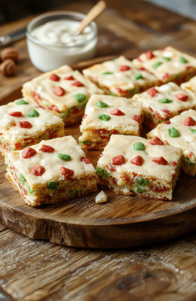 Colorful Christmas cookie bars arranged on a rustic wooden platter, topped with sprinkles and icing, with cinnamon sticks and holly berries for decoration, golden edges, gooey texture visible, styled with holiday-themed accents.