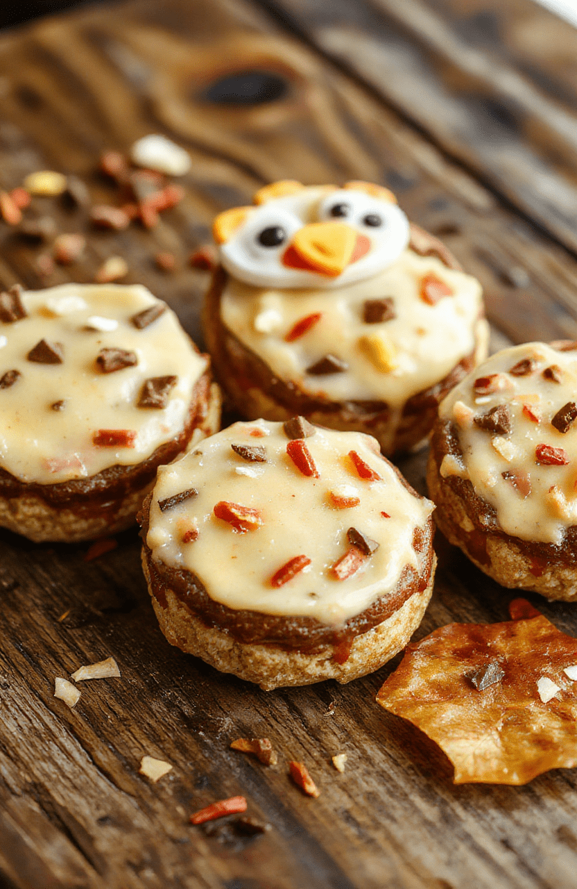 Colorful and playful Thanksgiving-themed treats arranged on a vibrant platter. The treats feature seasonal colors like orange, brown, and yellow, with fun shapes and textures that appeal to children. Some include sprinkles, frosting, and decorative toppings, styled casually on a rustic wooden table with scattered fall leaves for a festive holiday vibe.