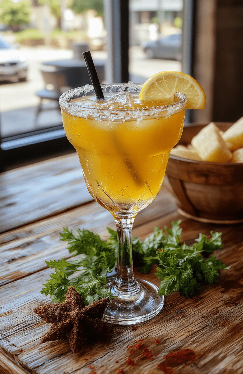A vibrant glass of Festive Spiced Margarita with a salted rim, garnished with a cinnamon stick and orange slice, surrounded by festive decorations and holiday spices on a rustic wooden table, capturing a lively and inviting holiday atmosphere.