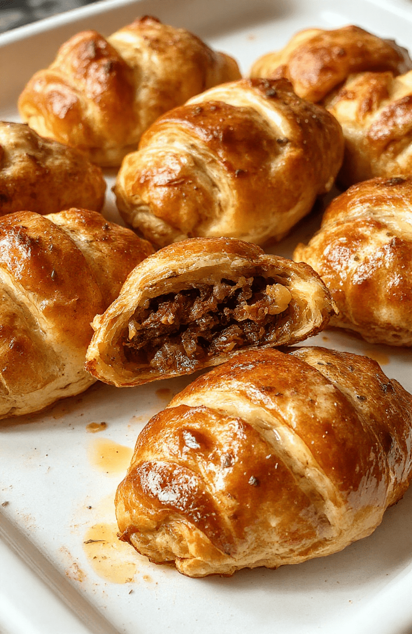 Golden flaky baked croissants filled with savory beef and melted cheese, arranged on a rustic white serving platter. The croissants are crispy on the outside with visible layers, revealing a warm, cheesy, beef filling inside. Soft natural light highlights the golden crust and gooey cheese, styled minimally with fresh herbs for garnish.