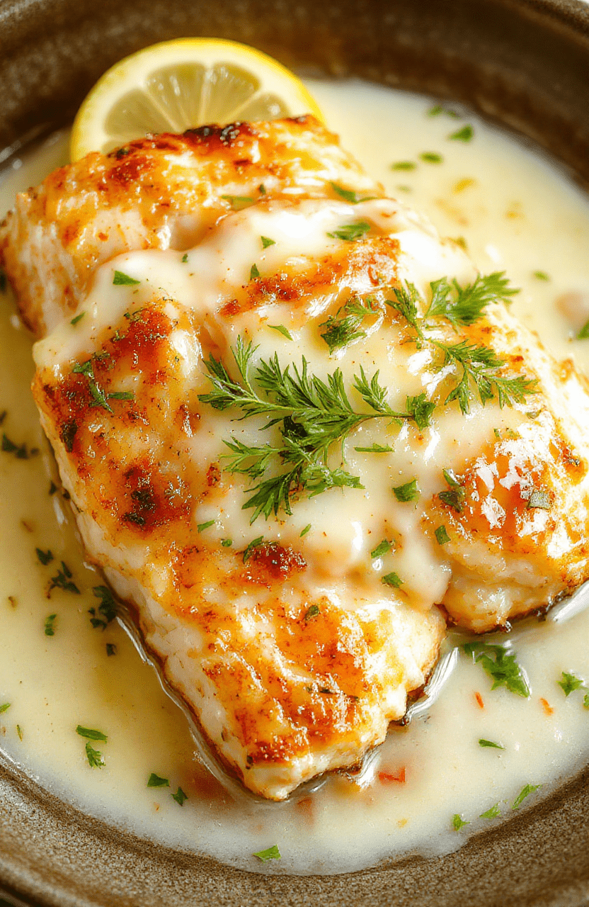 A golden flaky baked cod fillet topped with a vibrant, creamy coconut lemon sauce, garnished with fresh herbs on a white plate, surrounded by lemon slices and coconut shavings, with a rustic wooden table background.