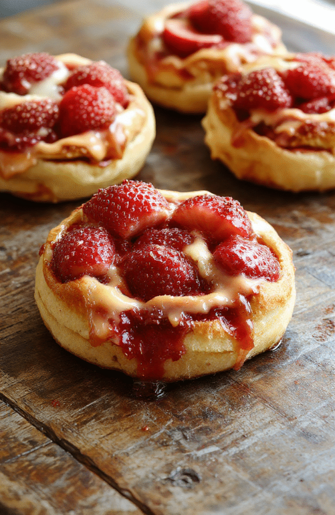 A golden-brown flaky Danish pastry topped with fresh sliced strawberries and a glaze drizzle, arranged beautifully on a rustic wooden plate, with a glossy, vibrant red and pink color palette, showcasing the soft, flaky layers and creamy filling, styled with subtle greenery for freshness.