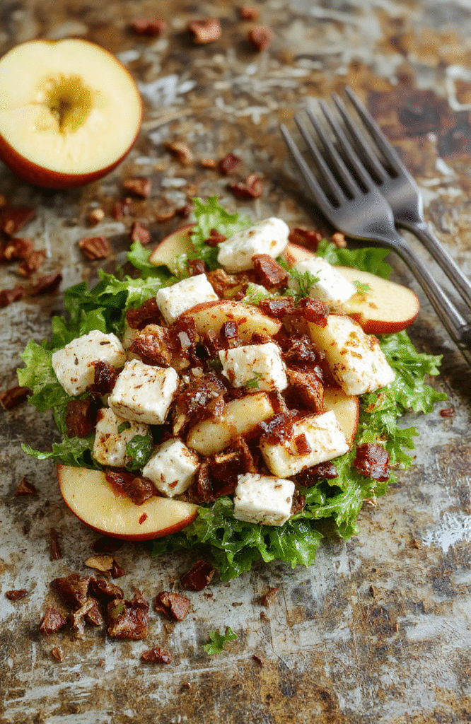 A vibrant fall salad featuring crisp apple slices, crumbled feta cheese, mixed greens, and crunchy walnuts, arranged on a white plate with a scattering of fresh herbs, showcasing bright autumn colors with reds, greens, and whites, styled simply with natural light highlighting textures and freshness.