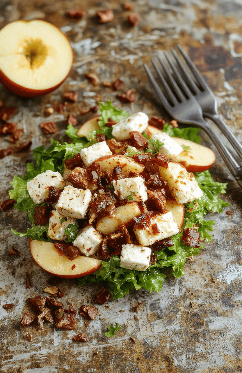 A vibrant fall salad featuring crisp apple slices, crumbled feta cheese, mixed greens, and crunchy walnuts, arranged on a white plate with a scattering of fresh herbs, showcasing bright autumn colors with reds, greens, and whites, styled simply with natural light highlighting textures and freshness.