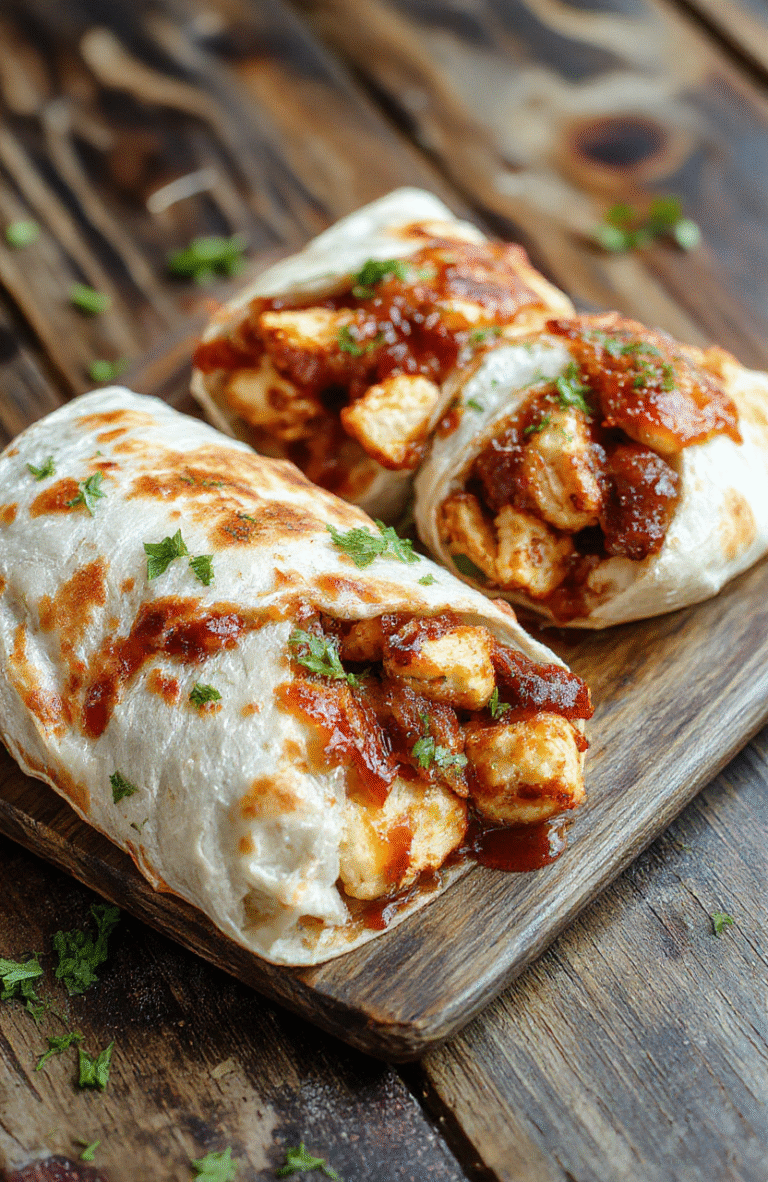 A vibrant plate featuring savory BBQ chicken wraps stuffed with shredded chicken, fresh greens, and zesty sauce, softly wrapped in warm tortillas, styled on a rustic wooden surface with colorful ingredients scattered around, topped with fresh herbs for garnish.