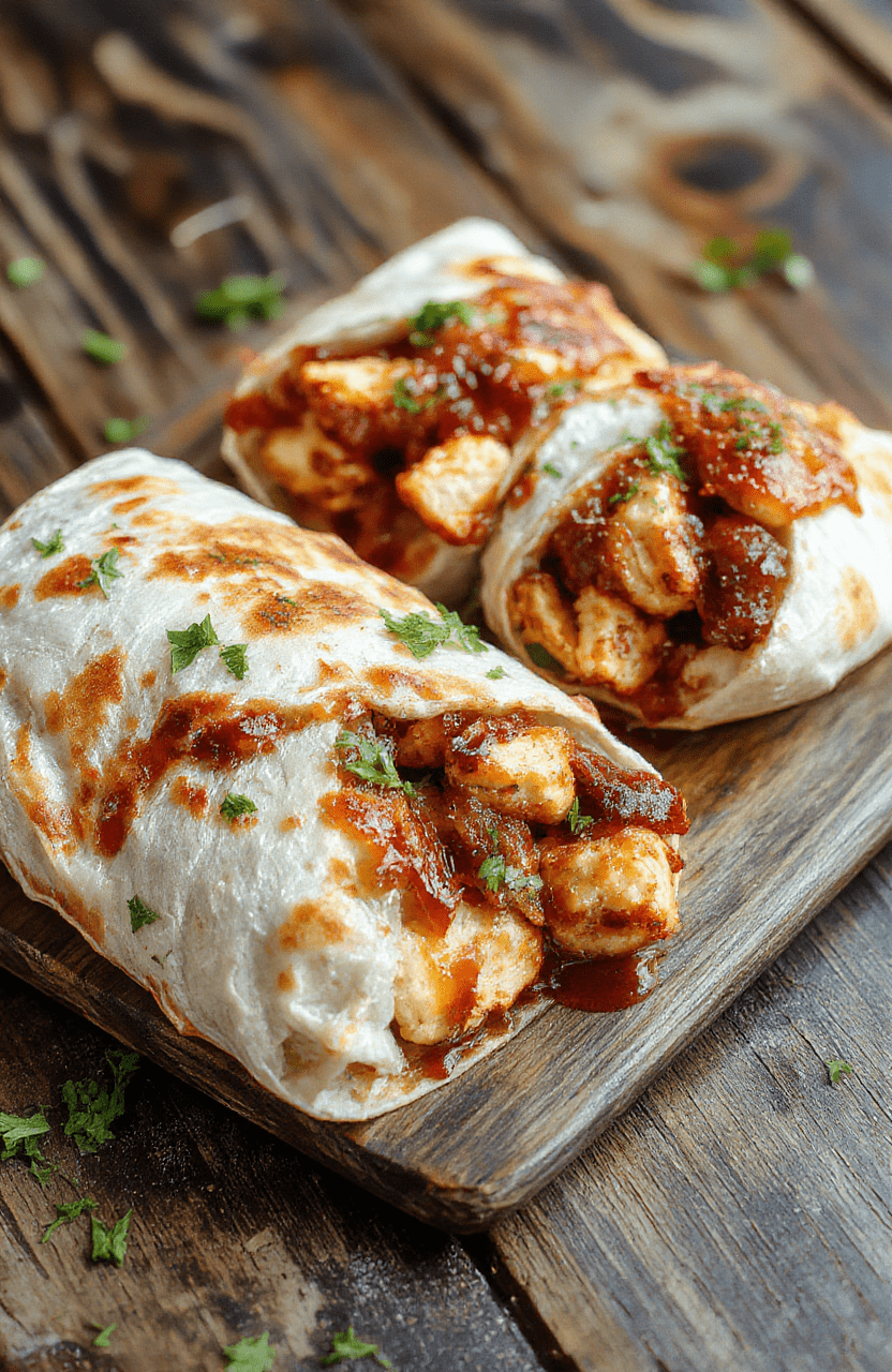 A vibrant plate featuring savory BBQ chicken wraps stuffed with shredded chicken, fresh greens, and zesty sauce, softly wrapped in warm tortillas, styled on a rustic wooden surface with colorful ingredients scattered around, topped with fresh herbs for garnish.