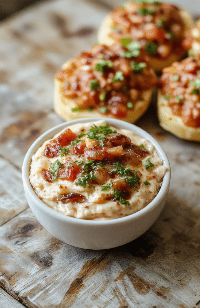 A vibrant bowl of flavorful bruschetta dip showcasing diced ripe tomatoes, fresh basil, and garlic atop a creamy base, garnished with olive oil and sprinkled with parmesan cheese. The dip is served in a rustic white bowl on a wooden board, with toasted baguette slices arranged around it. Bright colors and fresh ingredients create an appetizing, inviting scene with a rustic, casual style.