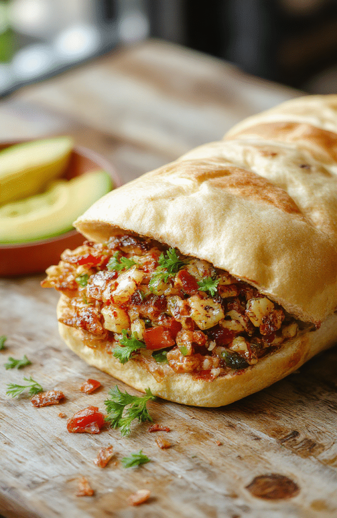 Colorful chopped sub sandwich on a rustic wooden board, featuring layered deli meats, crisp fresh vegetables, melted cheese, and a toasted hoagie bun, styled casually for an inviting, homemade look.