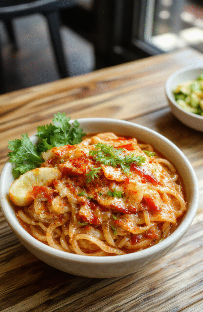 A vibrant plate of glossy japchae noodles mixed with colorful julienned vegetables, sliced beef, sesame seeds, and scallions, styled on a rustic wooden table with a soft background.