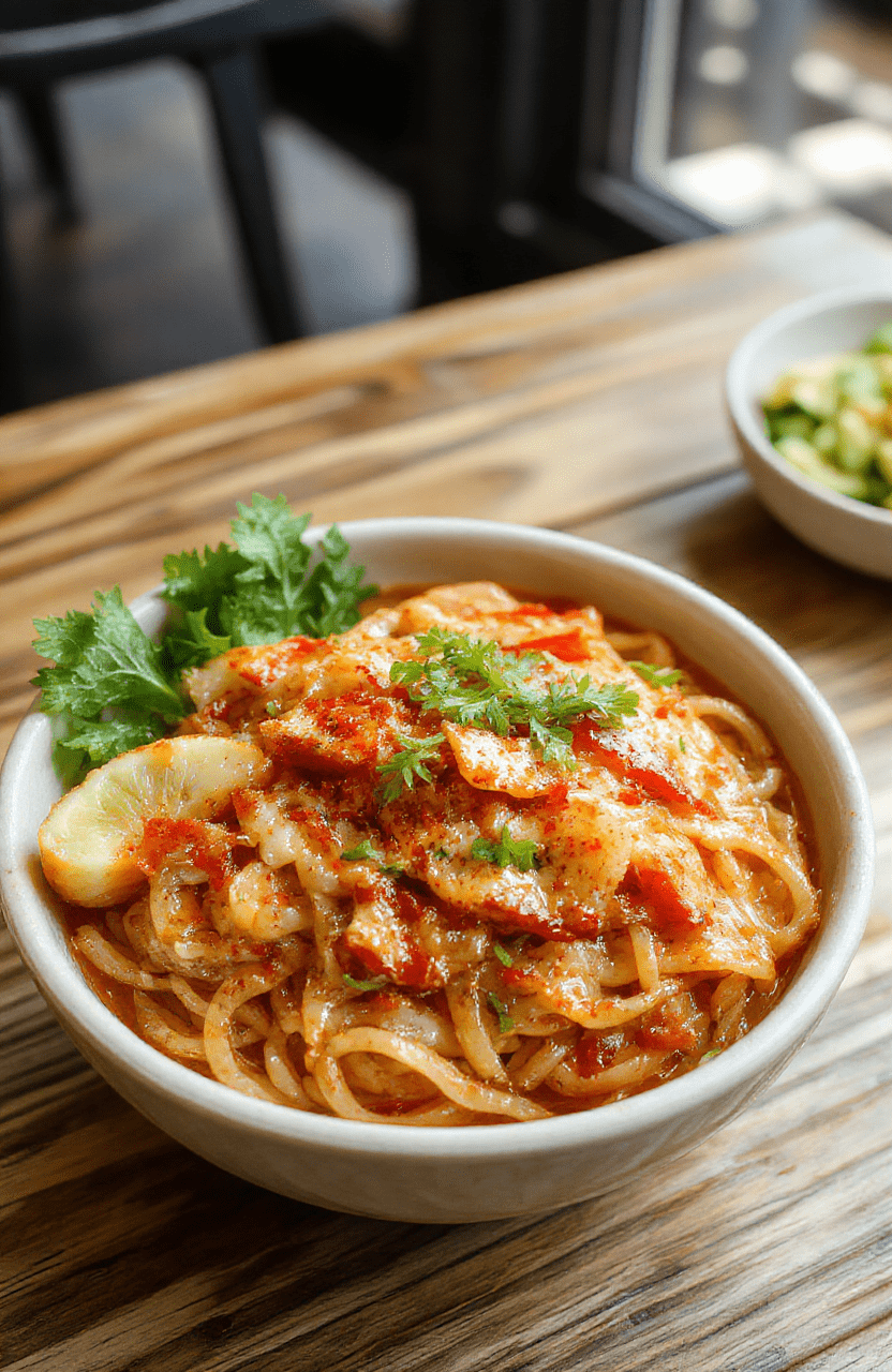 A vibrant plate of glossy japchae noodles mixed with colorful julienned vegetables, sliced beef, sesame seeds, and scallions, styled on a rustic wooden table with a soft background.
