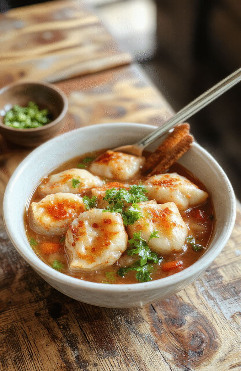 A vibrant bowl filled with golden-brown potsticker dumplings arranged atop stir-fried noodles, garnished with chopped green onions and sesame seeds. The dish has a colorful medley of vegetables and a glossy sauce, styled on a rustic wooden table with natural daylight enhancing the textures and inviting colors.