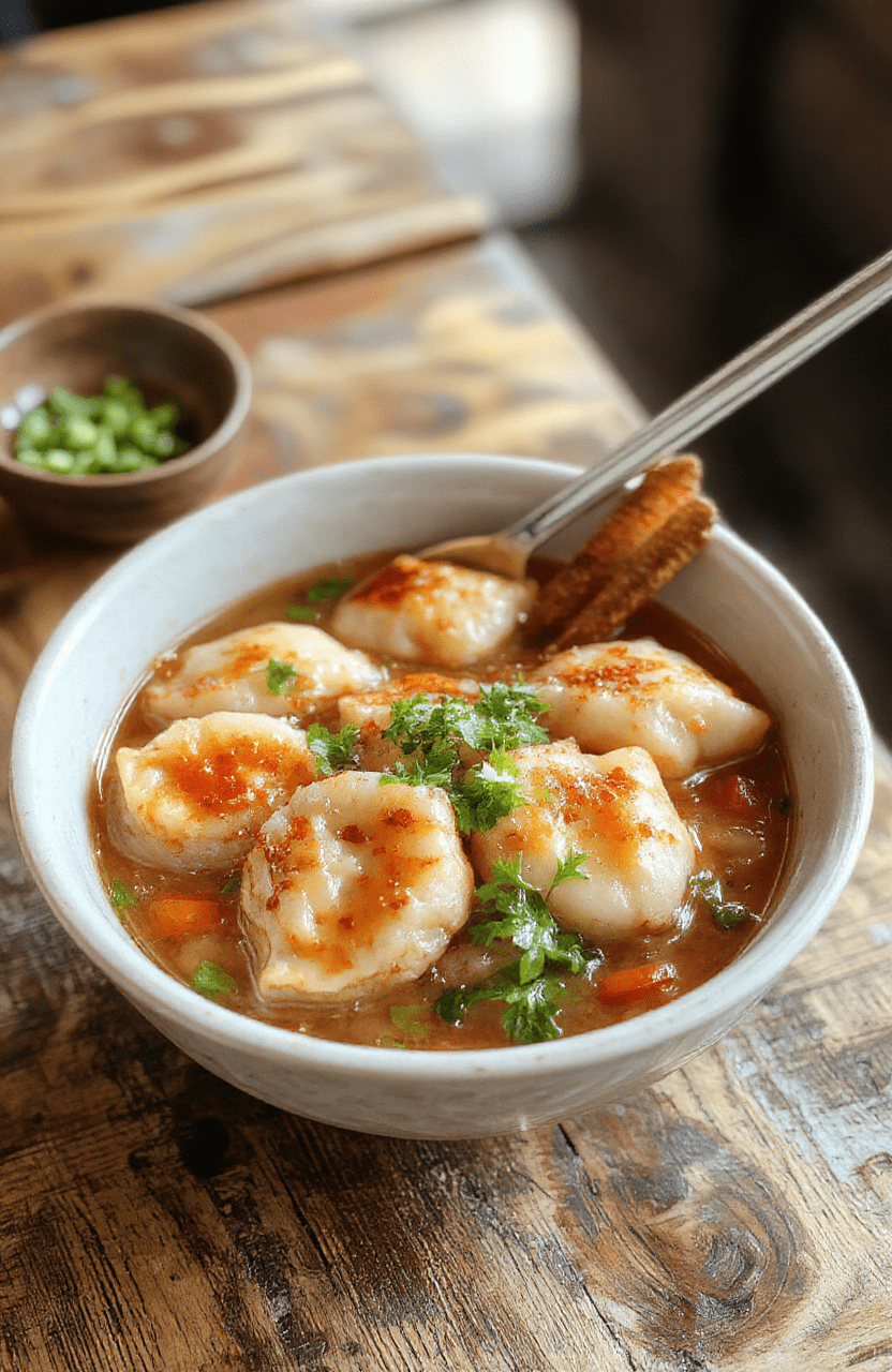 A vibrant bowl filled with golden-brown potsticker dumplings arranged atop stir-fried noodles, garnished with chopped green onions and sesame seeds. The dish has a colorful medley of vegetables and a glossy sauce, styled on a rustic wooden table with natural daylight enhancing the textures and inviting colors.