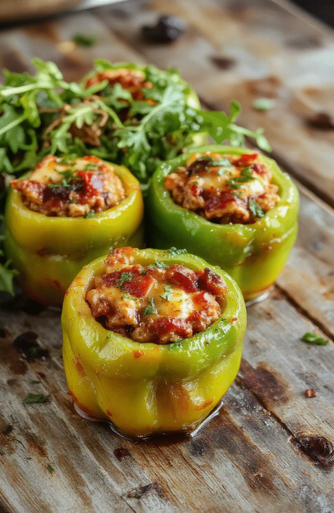 Colorful stuffed bell peppers arranged on a white plate, filled with a savory mixture of rice, ground meat, and vegetables, topped with melted cheese, garnished with fresh herbs, styled on a rustic wooden table with natural daylight.