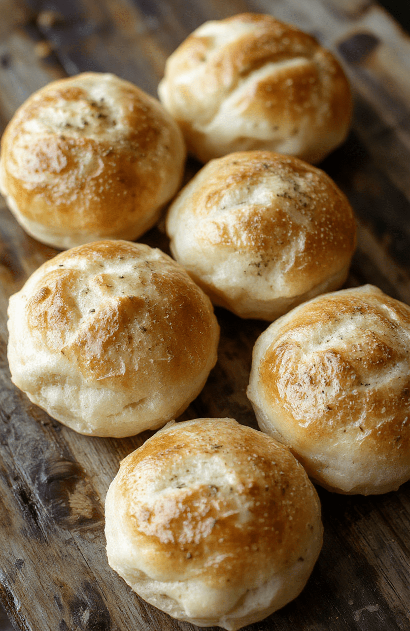 A plate of golden-brown fluffy garlic rolls topped with fresh parsley, viewed from above. The rolls are soft with a slightly glossy crust, showcasing garlic and herb toppings. They are arranged neatly on a rustic wooden table, with a sprig of parsley for garnish, highlighting their warm and inviting appearance.