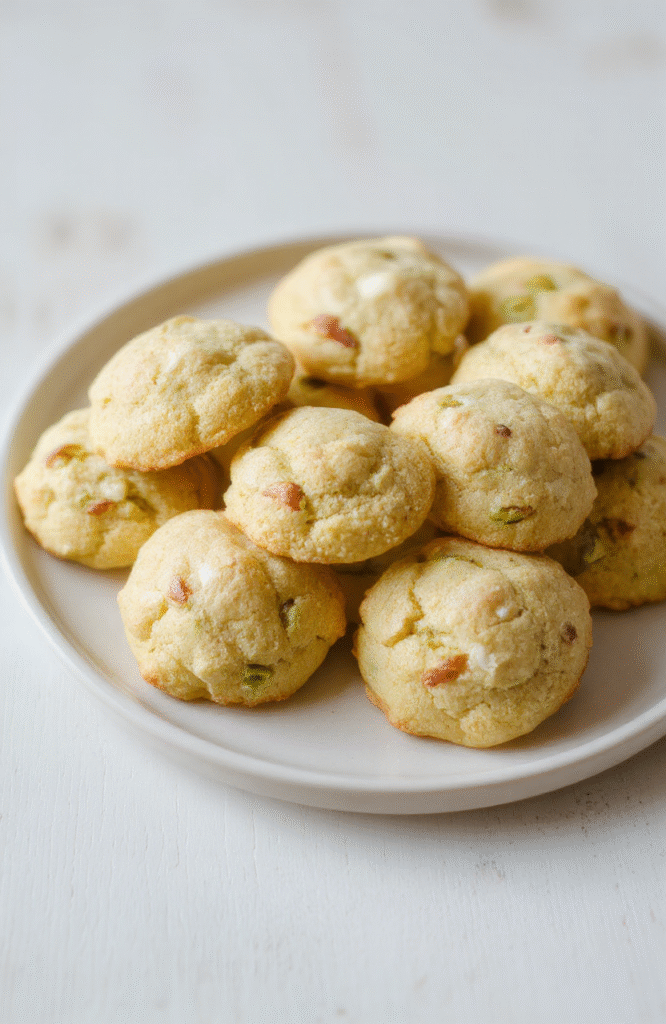 A close-up of soft, golden pistachio cookies topped with chopped pistachios, arranged neatly on a white plate on a light wooden surface. The cookies have a slightly cracked surface showcasing their fluffy texture, with a few pistachios scattered around, styled with fresh spring flowers in the background for a vibrant, inviting look.