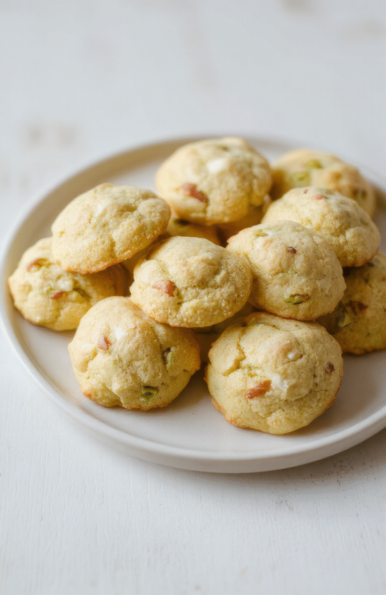 A close-up of soft, golden pistachio cookies topped with chopped pistachios, arranged neatly on a white plate on a light wooden surface. The cookies have a slightly cracked surface showcasing their fluffy texture, with a few pistachios scattered around, styled with fresh spring flowers in the background for a vibrant, inviting look.