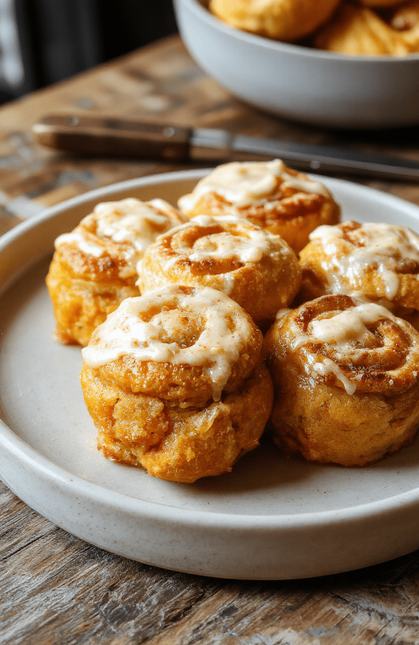 A beautifully arranged plate of fluffy pumpkin rolls with a golden-brown crust, sliced open to reveal a soft, moist, orange pumpkin-spiced interior. The rolls are dusted with powdered sugar and garnished with a sprig of fresh thyme, styled on a rustic wooden board with autumn leaves in the background, evoking warm fall atmosphere.