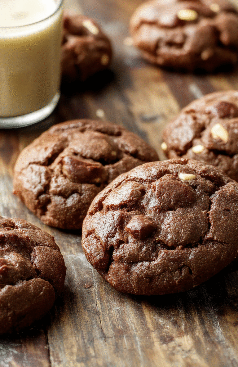 A plate of fudgy chewy brownie cookies with cracked tops, rich dark chocolate color, dusted lightly with powdered sugar, arranged on a rustic wooden surface with a few broken pieces revealing the dense, fudgy interior.