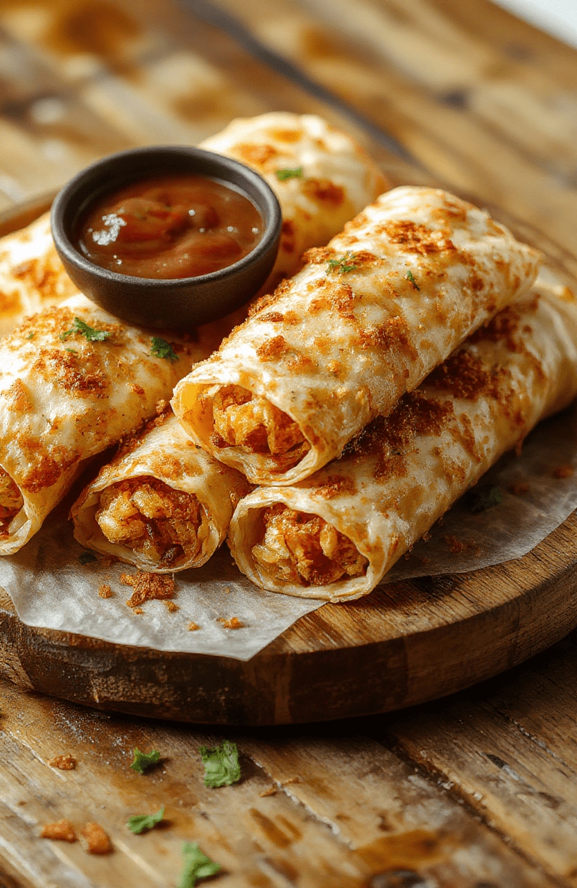 A vibrant plate of golden brown crispy taquitos arranged neatly on a rustic wooden surface, garnished with fresh cilantro and served with side dips. The taquitos have a crispy, flaky exterior with visible crispy layers, and the filling looks cheesy and savory. The scene is bright and inviting, capturing the texture and appeal of a freshly made snack or dinner.