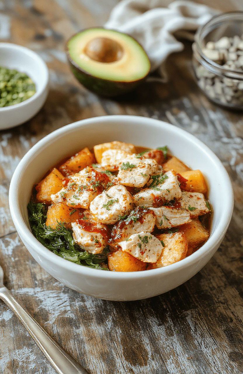 Colorful chicken and sweet potatoes arranged neatly in a modern bowl, topped with fresh herbs, with a backdrop of rustic wooden table, highlighting the vibrant orange of sweet potatoes and tender grilled chicken with a hint of greens, textured surfaces and natural lighting.