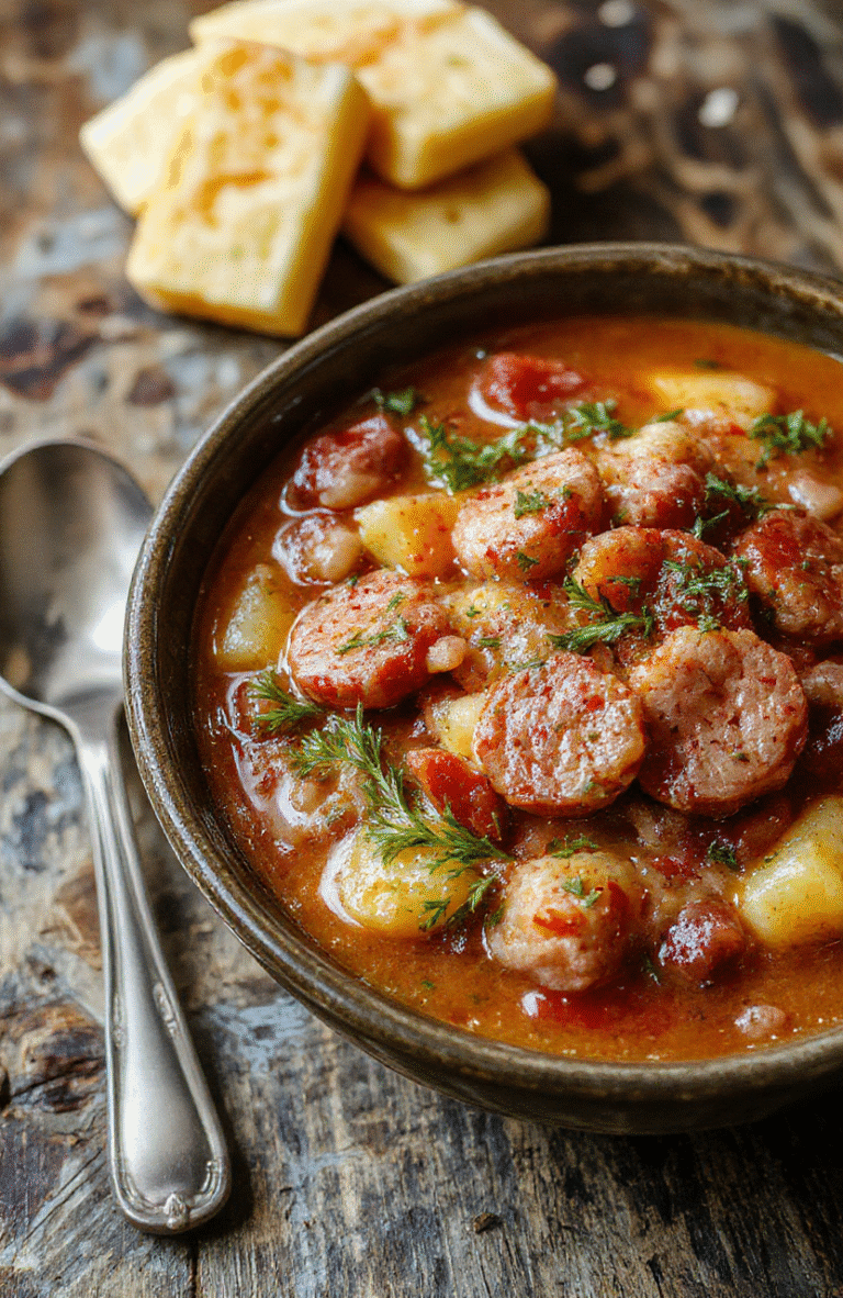 A rustic white bowl filled with hearty kielbasa soup featuring sliced kielbasa sausages, chopped vegetables, and herbs, steam rising, set on a wooden table with a warm, inviting atmosphere.