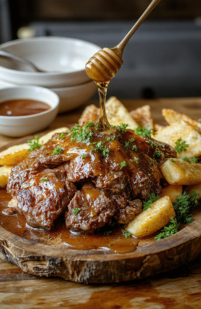 A beautifully glazed honey-baked beef roast sliced to reveal tender, juicy meat topped with a golden honey glaze. The beef is arranged elegantly on a rustic wooden platter, garnished with fresh herbs and warm sides. The surface is glossy with caramelized honey, contrasting with the tender pink interior, styled with a soft, inviting atmosphere and natural daylight highlighting the textures.