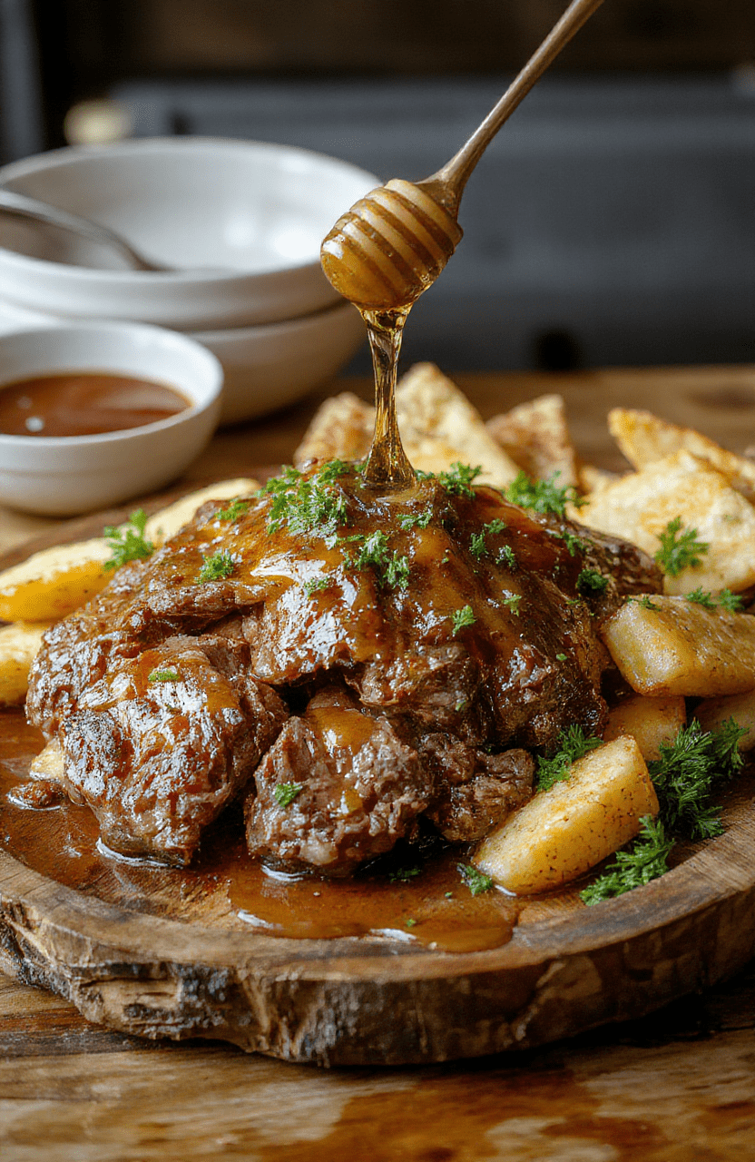 A beautifully glazed honey-baked beef roast sliced to reveal tender, juicy meat topped with a golden honey glaze. The beef is arranged elegantly on a rustic wooden platter, garnished with fresh herbs and warm sides. The surface is glossy with caramelized honey, contrasting with the tender pink interior, styled with a soft, inviting atmosphere and natural daylight highlighting the textures.