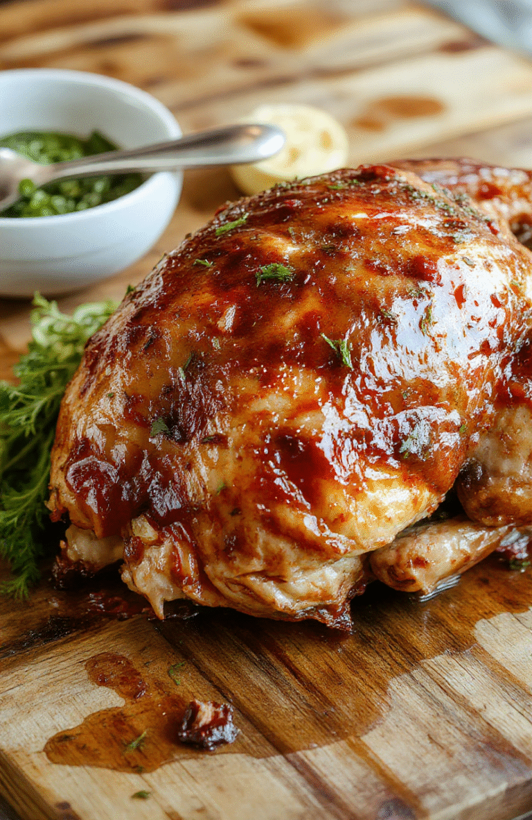 A golden-brown, perfectly roasted turkey sits on a white platter, garnished with fresh herbs and lemon slices. The skin is crispy and glossy, steam gently rising, with a rustic wooden table backdrop and soft natural light highlighting its succulent texture and inviting presentation.