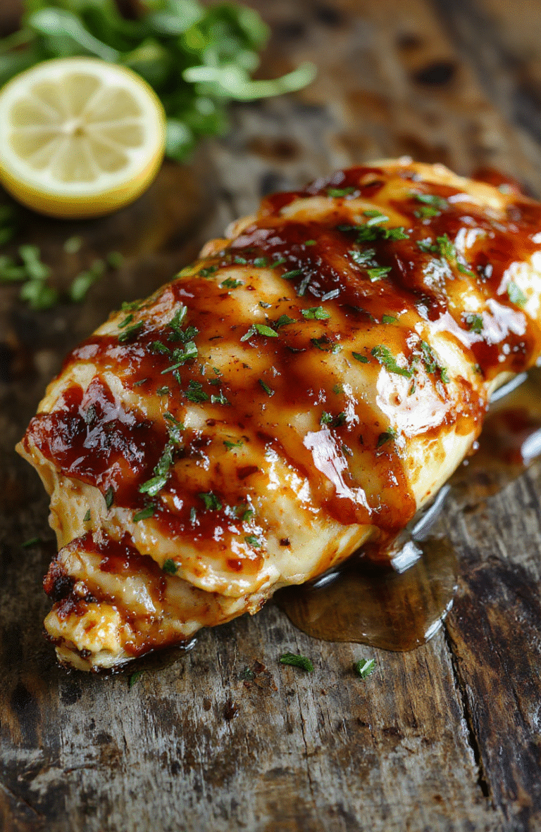 A close-up of a plated lemon honey glazed chicken dish with golden-brown chicken topped with fresh lemon slices and a drizzle of honey glaze, surrounded by vibrant green herbs on a rustic wooden table, with a smooth glossy sauce and tender chicken texture.
