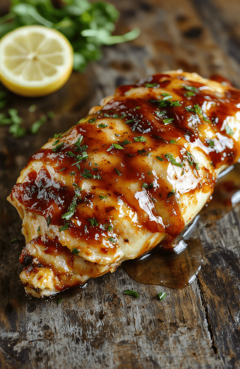 A close-up of a plated lemon honey glazed chicken dish with golden-brown chicken topped with fresh lemon slices and a drizzle of honey glaze, surrounded by vibrant green herbs on a rustic wooden table, with a smooth glossy sauce and tender chicken texture.
