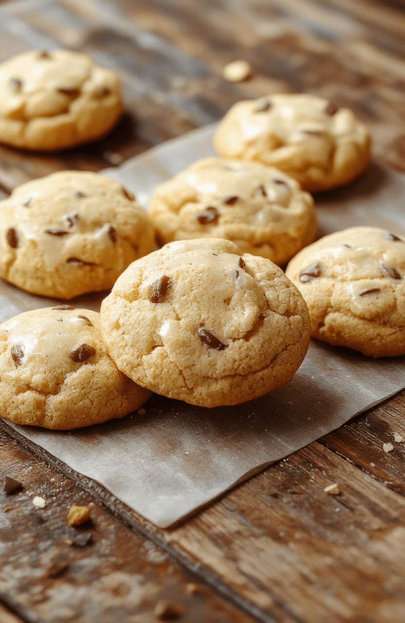 A vibrant plate of buttery, golden-brown butterbeer cookies garnished with whipped cream and caramel drizzle, arranged on a rustic wooden table, with a warm background of a cozy kitchen setting.