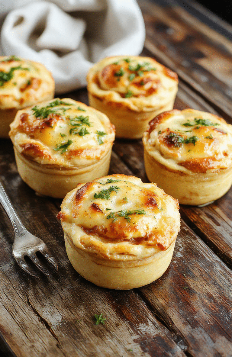 A beautifully plated mini chicken pot pie with flaky golden crust, filled with creamy chicken and vegetable filling, garnished with fresh herbs. The pies are arranged on a rustic wooden board with a spoonful of filling nearby, showcasing their warm and inviting appearance with textures of crispy crust and tender filling.