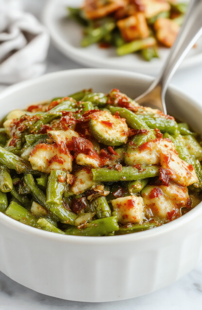 A vibrant green bean casserole served in a rustic white baking dish, topped with golden crispy fried onion strings, steam rising, garnished with fresh parsley, surrounded by roasted vegetables and holiday decor in warm lighting.
