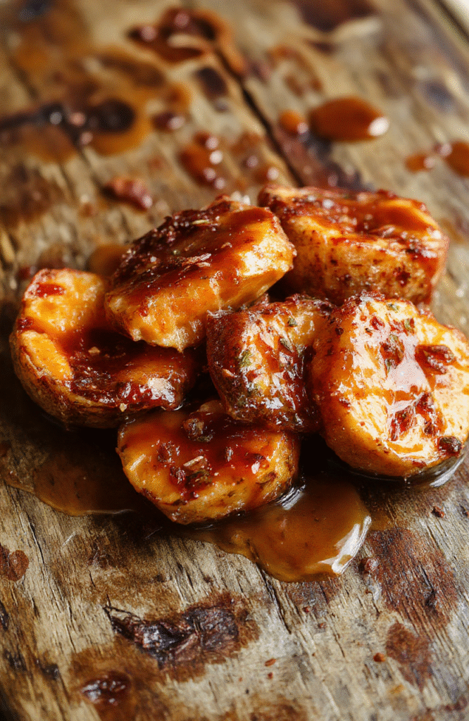 Colorful cast iron dish filled with glossy, caramel-coated baked yams garnished with chopped pecans and a drizzle of caramel sauce, styled on a rustic wooden table with soft natural light, highlighting the rich amber tones and inviting textures.