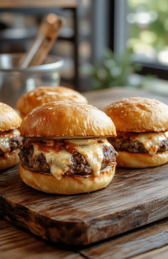 Colorful cheeseburger sliders arranged on a white platter with toasted buns, melted cheese, lettuce, tomato, and pickles visible, styled with fresh herbs and sesame seeds. The sliders look savory and tempting, with a slightly glossy finish of melted cheese and crisp toppings, against a neutral background that highlights their vibrant colors and textures.
