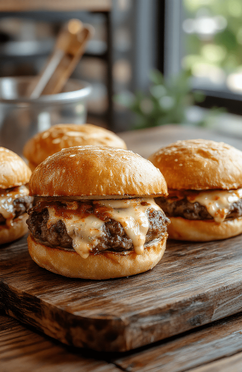 Colorful cheeseburger sliders arranged on a white platter with toasted buns, melted cheese, lettuce, tomato, and pickles visible, styled with fresh herbs and sesame seeds. The sliders look savory and tempting, with a slightly glossy finish of melted cheese and crisp toppings, against a neutral background that highlights their vibrant colors and textures.