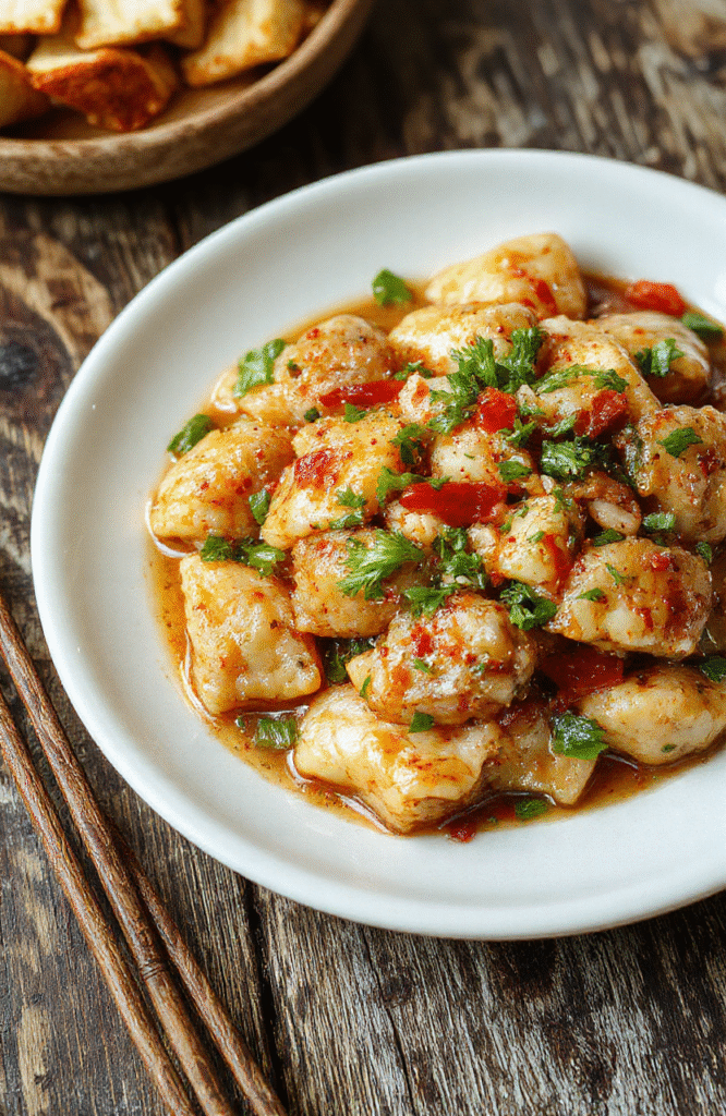 A colorful plate of potsticker stir fry featuring golden-brown dumplings nestled among vibrant vegetables like bell peppers, broccoli, and snap peas, drizzled with a glossy sauce, styled on a rustic wooden table with chopsticks and a side dipping bowl.