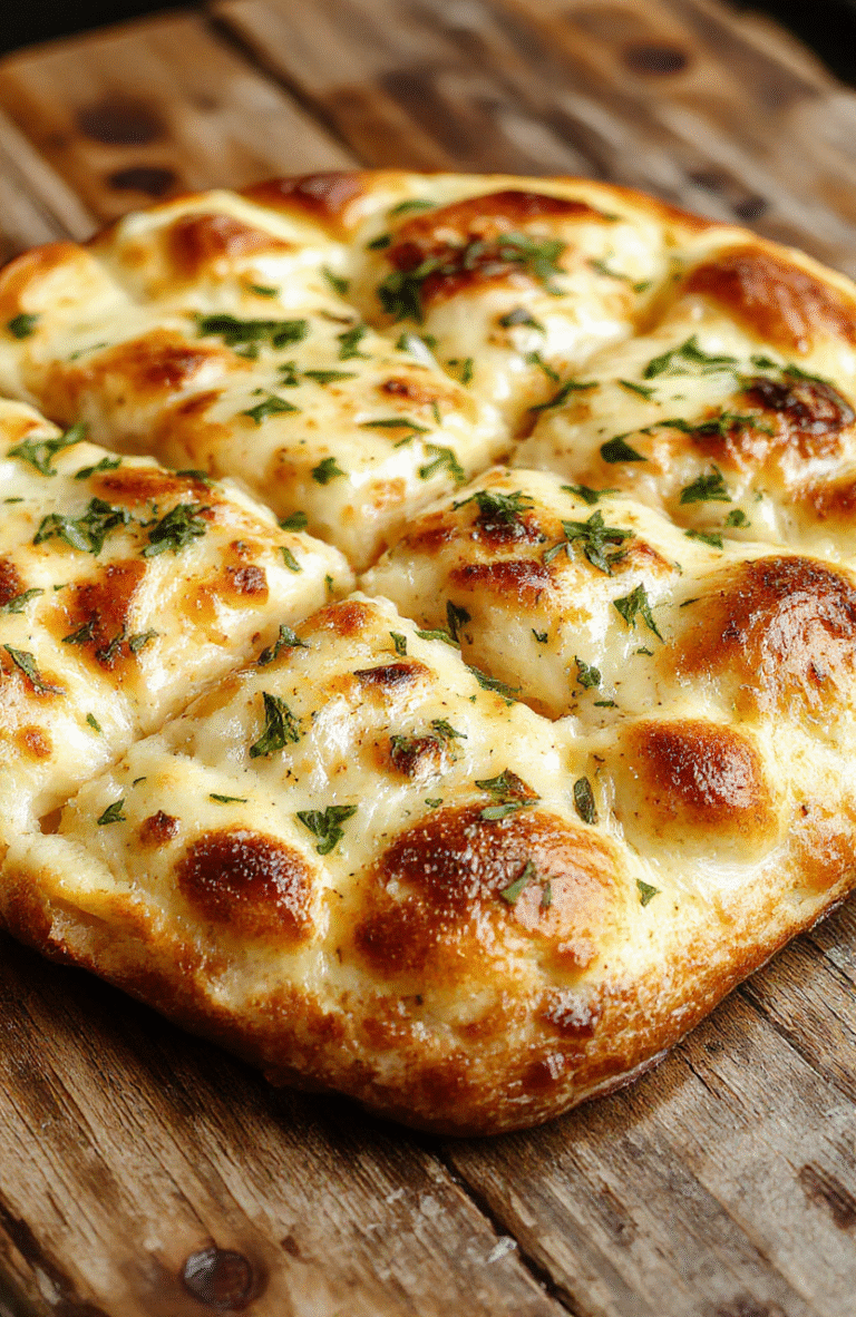 A golden-brown, airy focaccia bread topped with fresh garlic, herbs, and a drizzle of olive oil, presented on a rustic wooden board with a crumbly texture and vibrant green herbs for garnish.