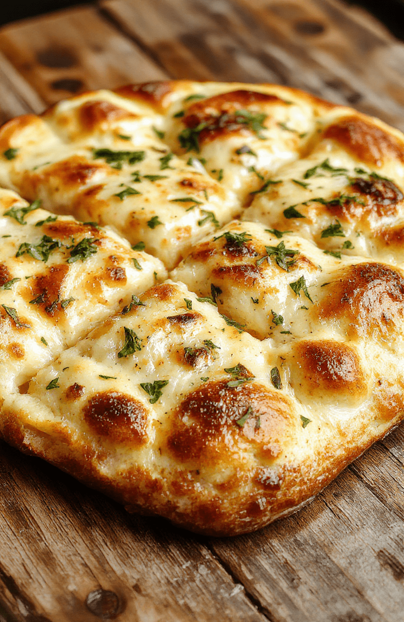 A golden-brown, airy focaccia bread topped with fresh garlic, herbs, and a drizzle of olive oil, presented on a rustic wooden board with a crumbly texture and vibrant green herbs for garnish.