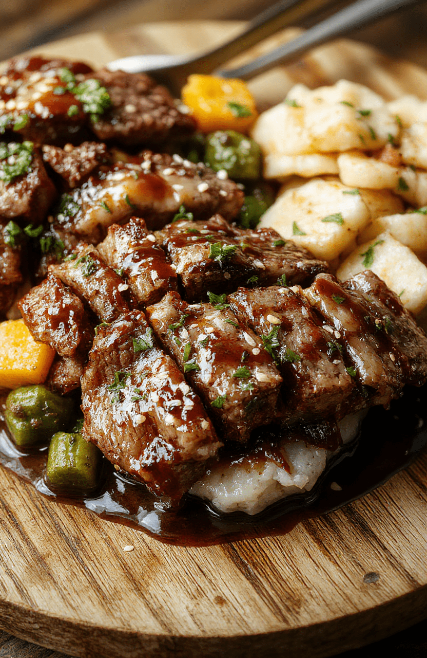 A vibrant and appetizing hibachi steak bowl featuring tender sliced steak in a glossy glaze, arranged on a bed of fluffy white rice with colorful grilled vegetables and sesame seeds, styled simply on a rustic wooden plate with a drizzle of sauce, inviting and steaming hot.