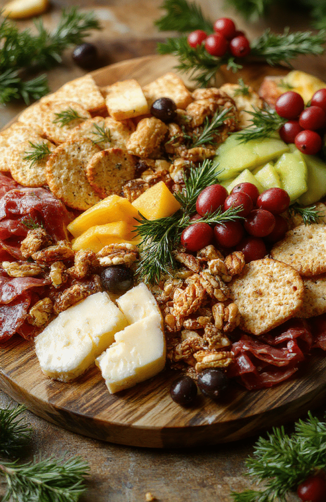 A vibrant holiday charcuterie platter featuring a colorful assortment of cheeses, meats, fresh fruits, nuts, and crackers, artfully arranged on a wooden board. The presentation includes garnishes like rosemary sprigs and berries, with textures ranging from creamy cheeses to crunchy nuts, all styled in a festive setting with warm lighting and holiday-themed decorations.