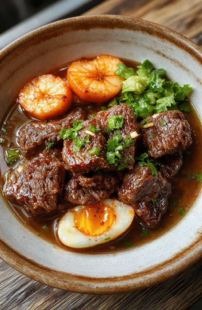A vibrant Korean beef bowl featuring tender beef strips glazed in a savory sauce, served over steamed rice with sliced green onions, sesame seeds, and crunchy vegetables. The dish is beautifully arranged on a rustic ceramic plate, showcasing rich colors, glossy textures, and fresh ingredients, styled simply with a side of chopped kimchi, inviting a warm and satisfying meal.