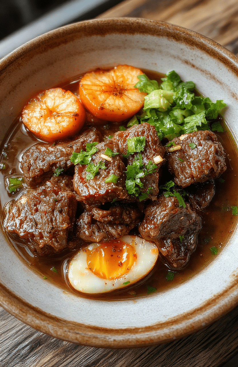 A vibrant Korean beef bowl featuring tender beef strips glazed in a savory sauce, served over steamed rice with sliced green onions, sesame seeds, and crunchy vegetables. The dish is beautifully arranged on a rustic ceramic plate, showcasing rich colors, glossy textures, and fresh ingredients, styled simply with a side of chopped kimchi, inviting a warm and satisfying meal.