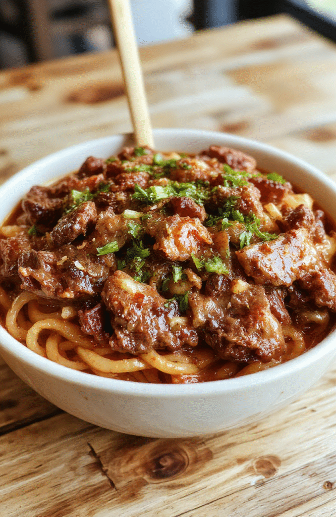 A vibrant plate of Mongolian ground beef noodles featuring glossy, savory beef minced and stir-fried with colorful vegetables and tender noodles, garnished with chopped scallions and sesame seeds, styled on a rustic wooden table with chopsticks nearby.