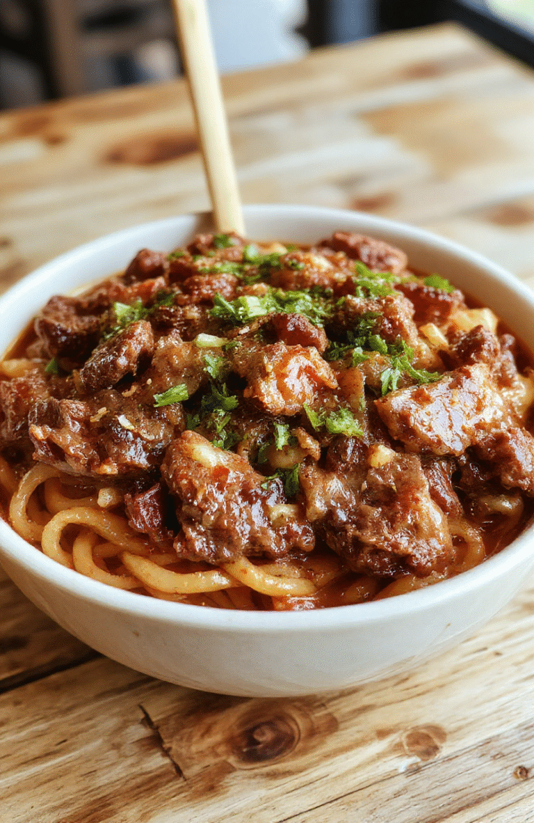 A vibrant plate of Mongolian ground beef noodles featuring glossy, savory beef minced and stir-fried with colorful vegetables and tender noodles, garnished with chopped scallions and sesame seeds, styled on a rustic wooden table with chopsticks nearby.