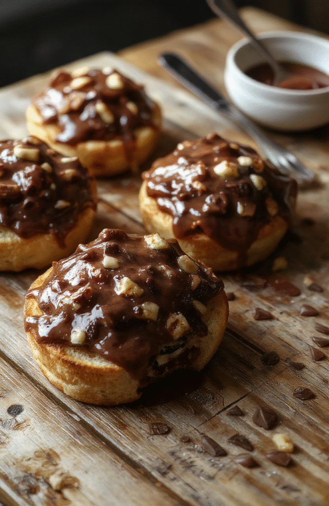 Golden-brown Nutella toast pies arranged on a rustic white plate, drizzled with extra Nutella and dusted with powdered sugar, with a crispy crust showing flaky layers, topped with a dollop of whipped cream and fresh berries, styled on a wooden surface with a blurred background for a cozy, inviting look.