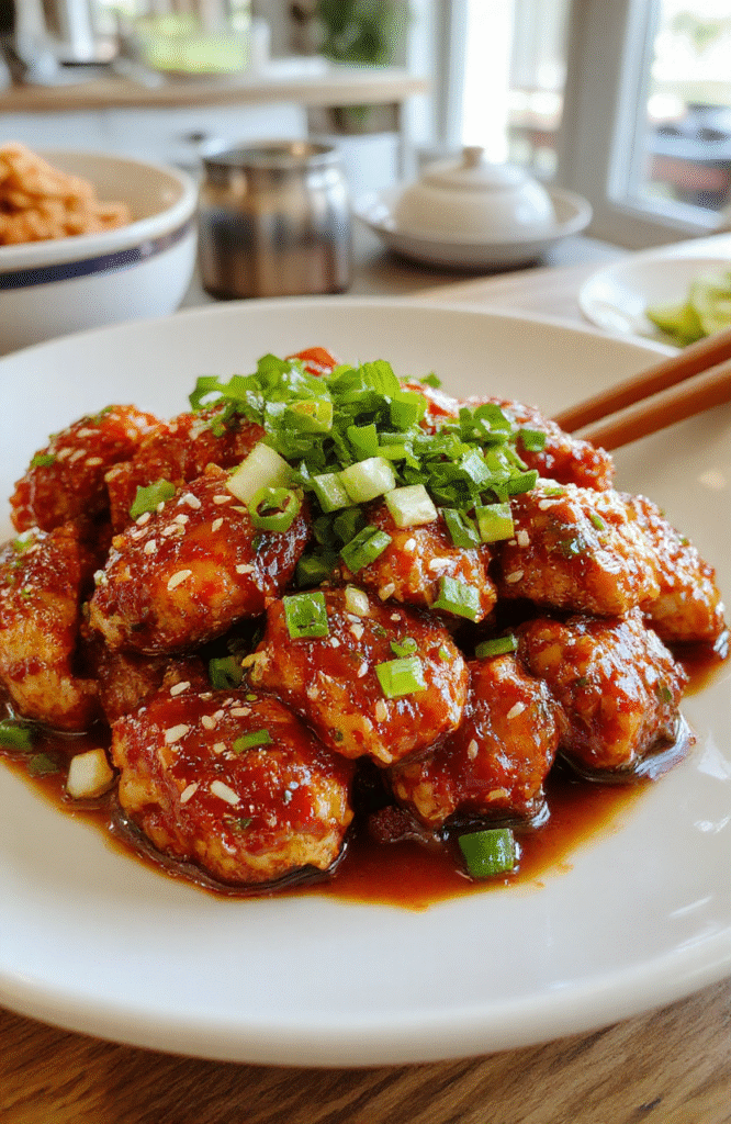 Succulent pieces of chicken glazed with a vibrant red sweet chili sauce, garnished with chopped green onions and sesame seeds, served on a white plate with a glossy sauce, surrounded by fresh ingredients and garnishes, styled in a casual kitchen setting with natural light highlighting the textures and colors.