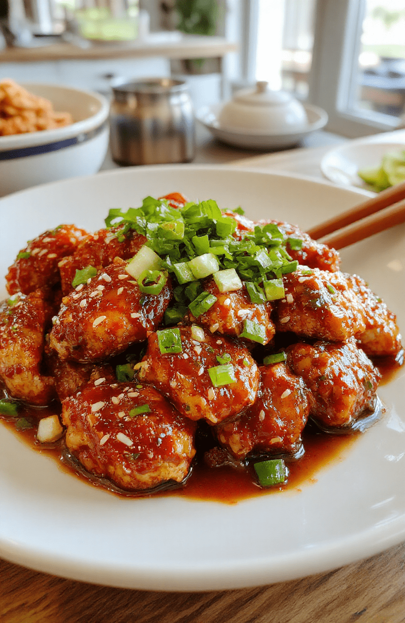 Succulent pieces of chicken glazed with a vibrant red sweet chili sauce, garnished with chopped green onions and sesame seeds, served on a white plate with a glossy sauce, surrounded by fresh ingredients and garnishes, styled in a casual kitchen setting with natural light highlighting the textures and colors.